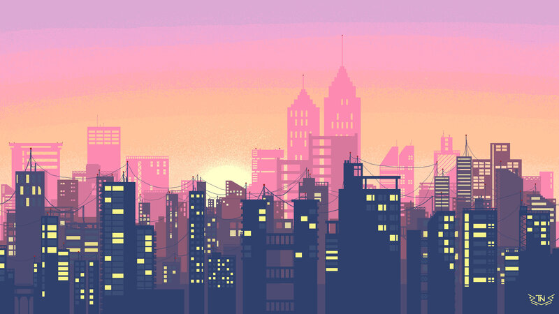 City Skyline at Sunset — Pink, Serene, Pixel Art, Buildings, Sky