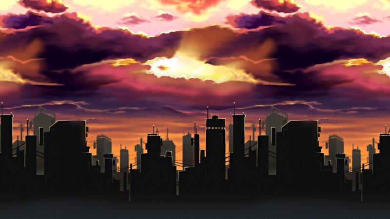 City Skyline at Sunset — Purple, Dramatic, Anime