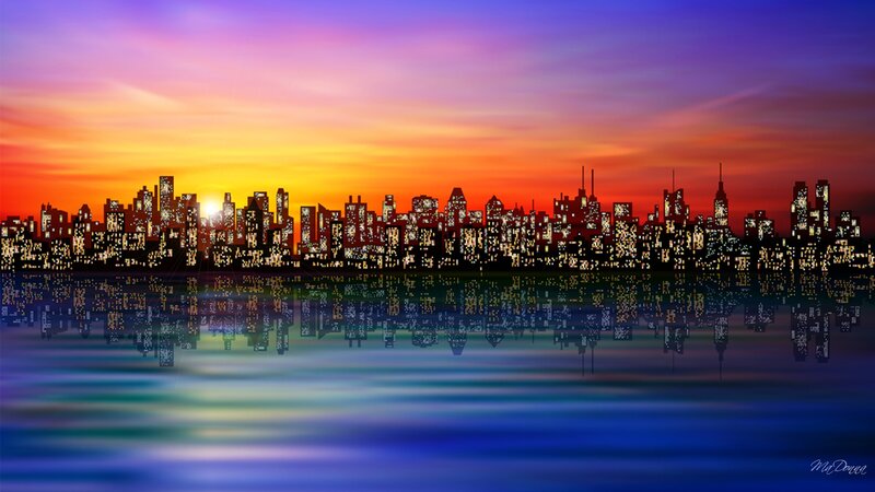 City Skyline at Sunset — Purple, Dramatic, Digital Art