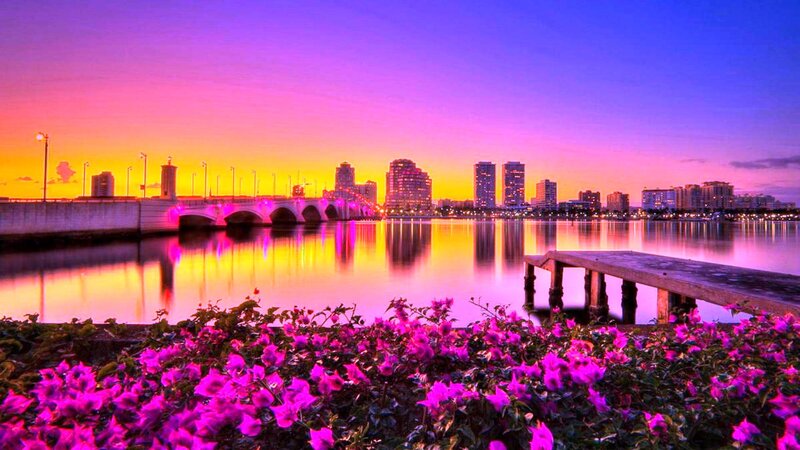 City Skyline at Sunset — Purple, Dramatic, Photograph, Bridge