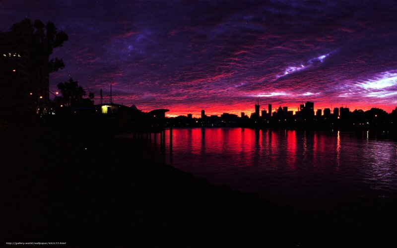 City Skyline at Sunset — Purple, Dramatic, Photograph, Sky, River