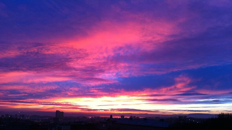 City Skyline at Sunset — Purple, Dramatic, Photograph, Sky