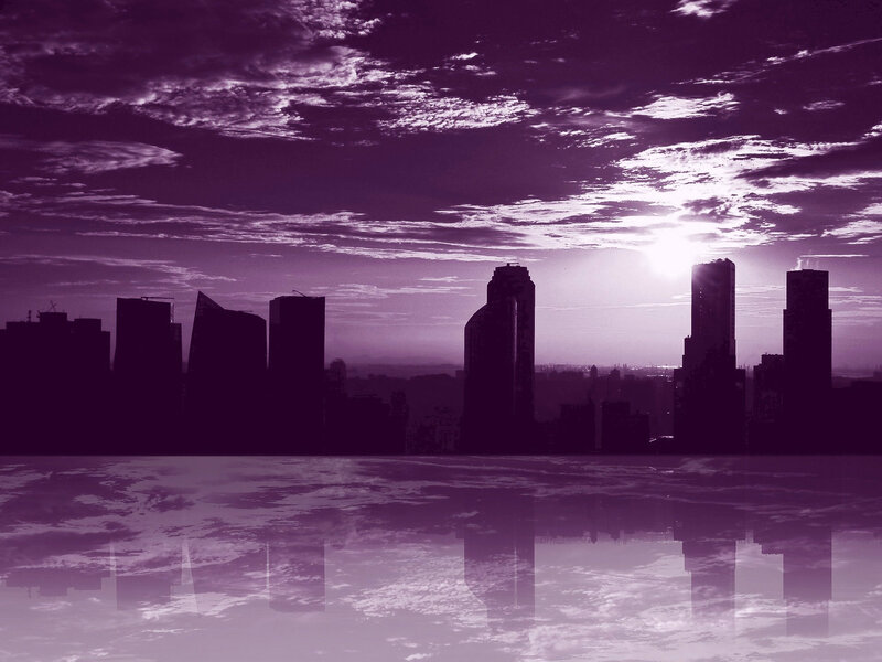 City Skyline at Sunset — Purple, Dramatic, Photograph