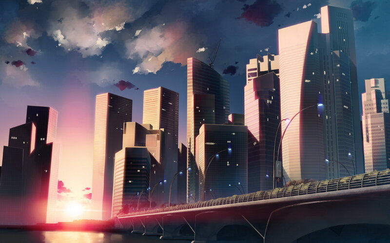 City Skyline at Sunset — Purple, Dramatic