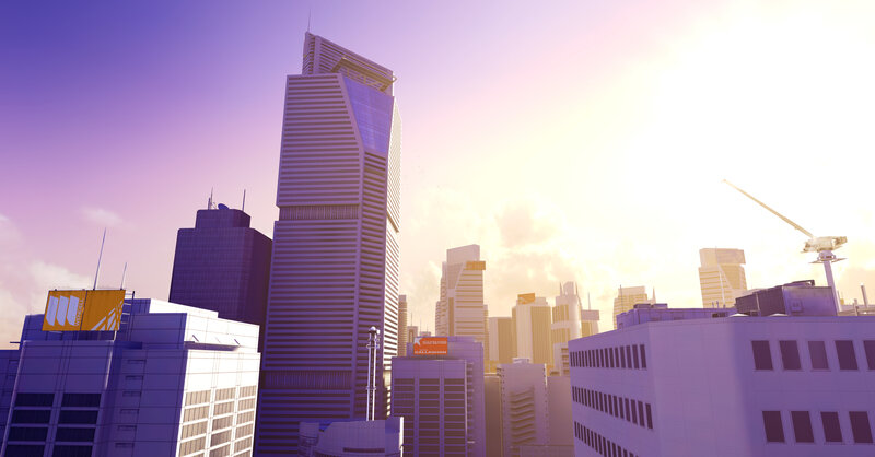 City Skyline at Sunset — Purple, Serene, 3d Render