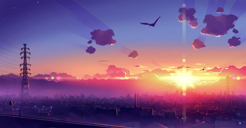 City Skyline at Sunset — Purple, Serene, Digital Art, Birds, Clouds, Power Lines, Orange