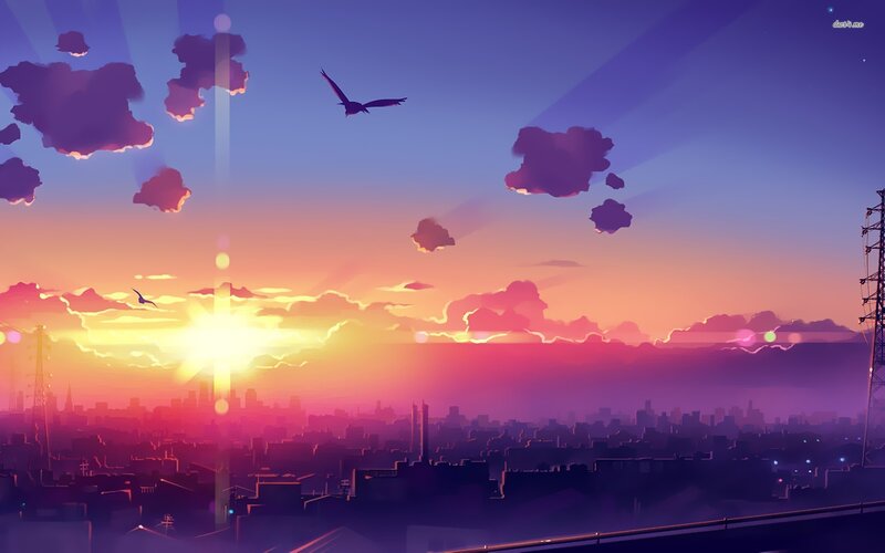 City Skyline at Sunset — Purple, Serene, Digital Art, Birds, Clouds