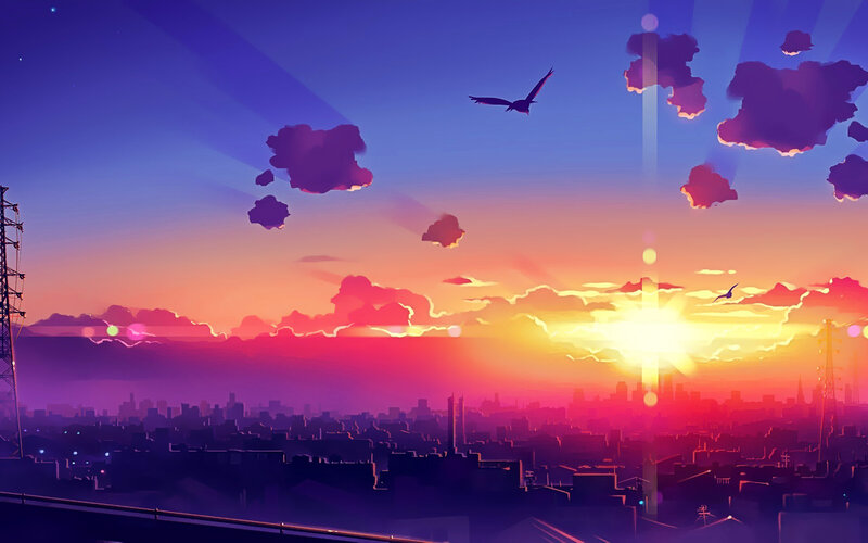 City Skyline at Sunset — Purple, Serene, Digital Art, Birds