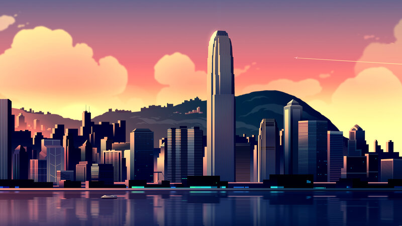 City Skyline at Sunset — Purple, Serene, Digital Art, Buildings