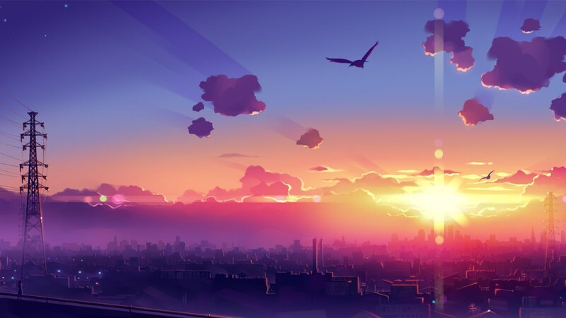 City Skyline at Sunset — Purple, Serene, Digital Art, Clouds, Birds