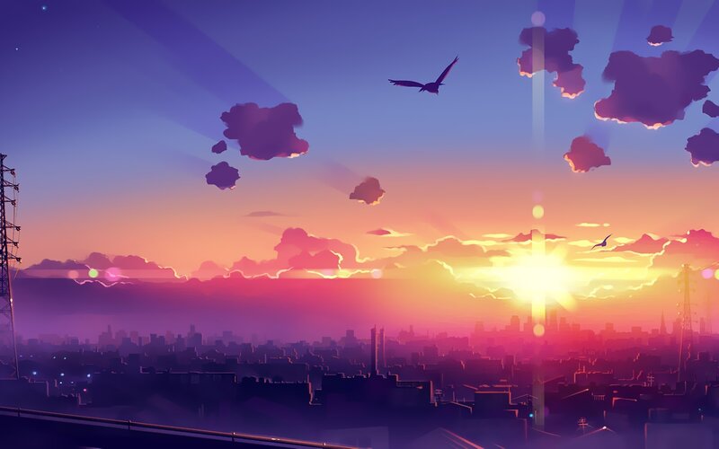 City Skyline at Sunset — Purple, Serene