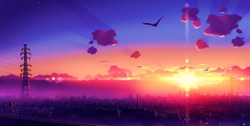 City Skyline at Sunset — Purple