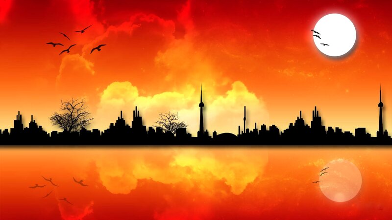 City Skyline at Sunset — Red, Dramatic, Digital Art, Birds