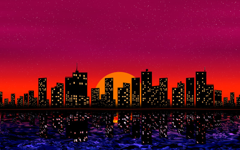 City Skyline at Sunset — Red, Dramatic, Digital Art, Buildings