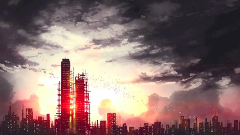City Skyline at Sunset — Red, Dramatic, Digital Art, Skyscrapers