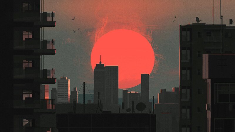 City Skyline at Sunset — Red, Dramatic, Digital Art, Sun, Buildings