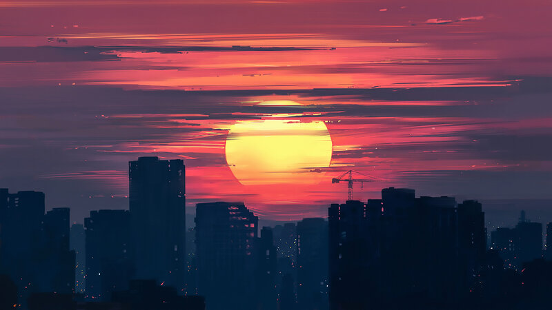City Skyline at Sunset — Red, Dramatic, Digital Art, Sun, Crane