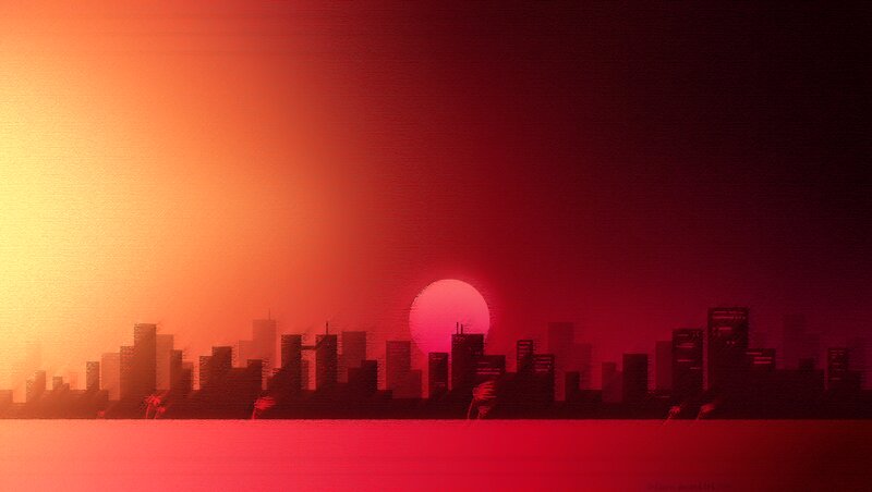 City Skyline at Sunset — Red, Dramatic, Digital Art, Sun