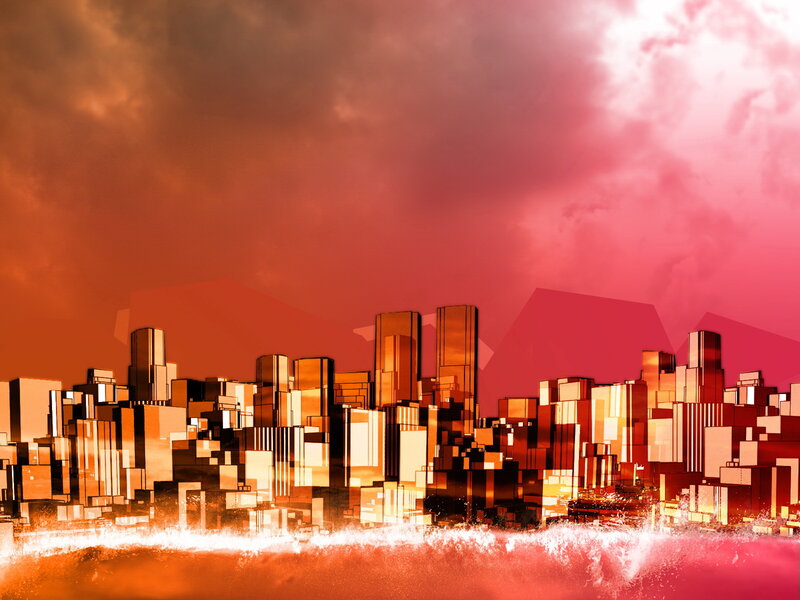 City Skyline at Sunset — Red, Dramatic, Digital Art