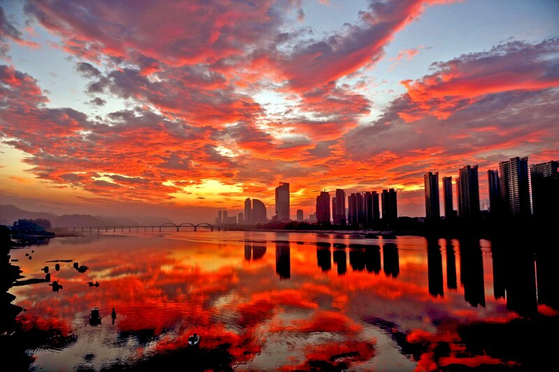 City Skyline at Sunset — Red, Dramatic, Photograph, River