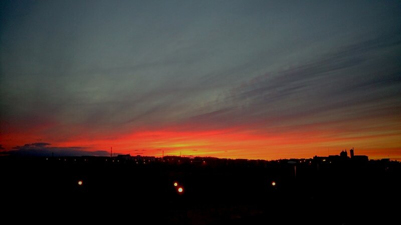 City Skyline at Sunset — Red, Dramatic, Photograph, Sky, Clouds