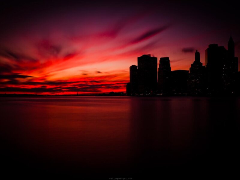 City Skyline at Sunset — Red, Dramatic, Photograph, Sky