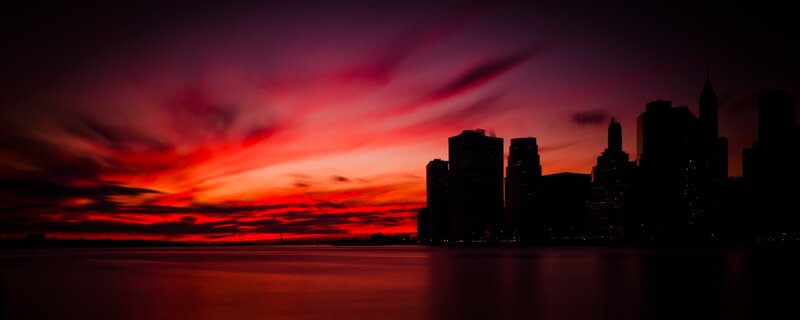City Skyline at Sunset — Red, Dramatic, Photograph, Skyscraper, Sky