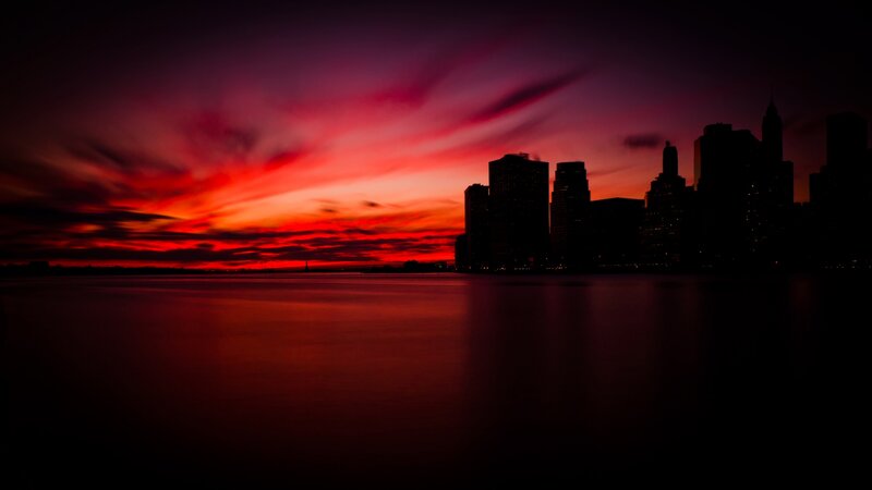 City Skyline at Sunset — Red, Dramatic, Photograph