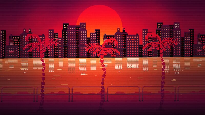 City Skyline at Sunset — Red, Dramatic, Pixel Art