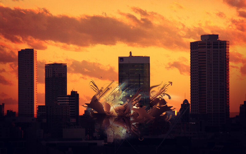 City skyline at sunset with digital art