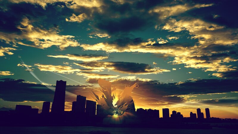 City skyline at sunset with dragon sculpture