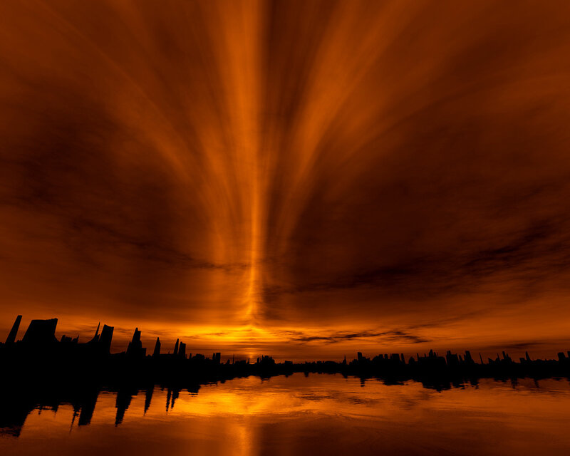 City skyline at sunset with light beams