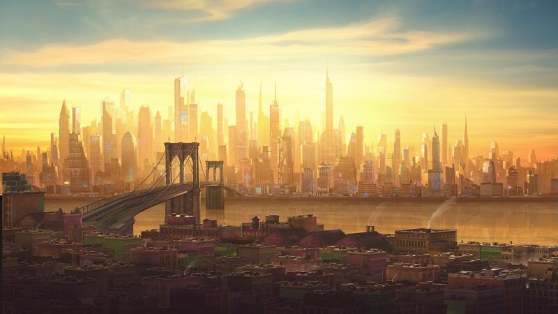City Skyline at Sunset — Yellow, Dramatic, Digital Art