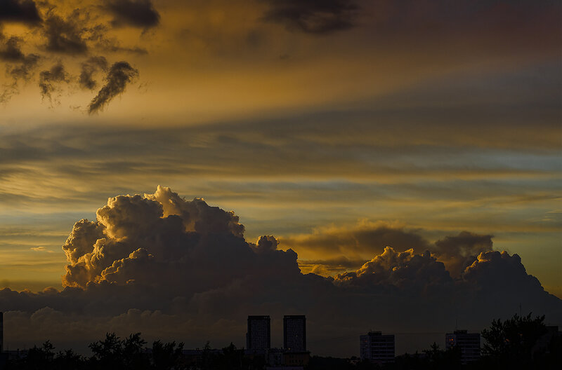 City Skyline at Sunset — Yellow, Dramatic, Photograph, Clouds