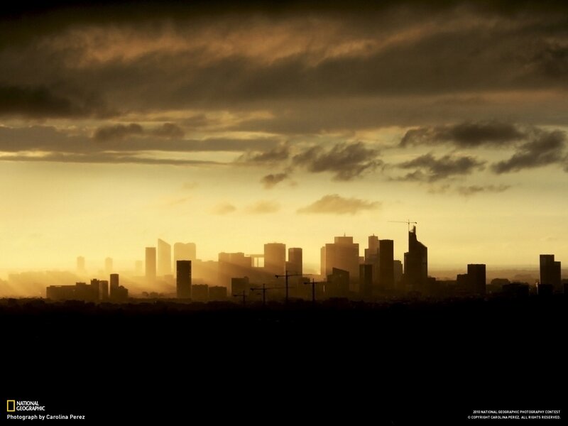 City Skyline at Sunset — Yellow, Dramatic, Photograph, Skyscraper, Clouds