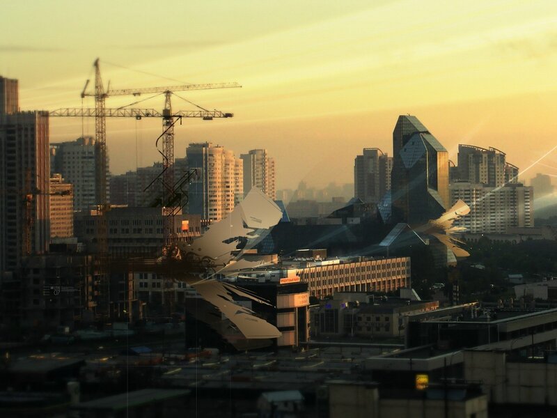 City Skyline at Sunset — Yellow, Dramatic, Photograph, Skyscraper, Crane
