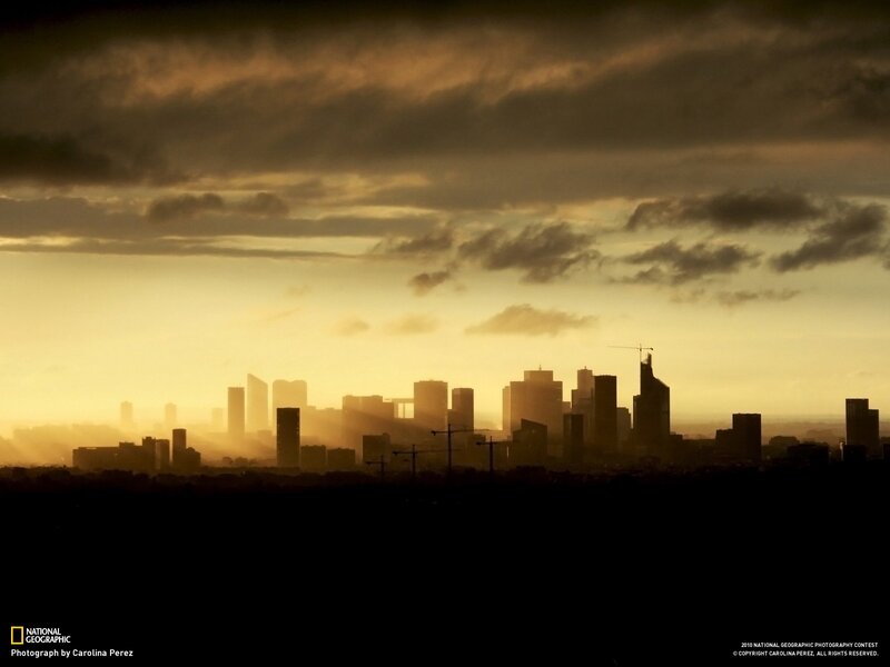 City Skyline at Sunset — Yellow, Dramatic, Photograph, Skyscraper