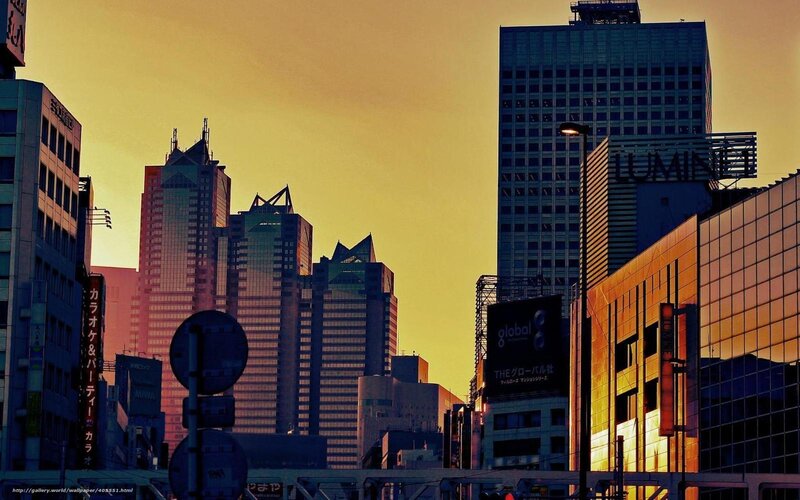 City Skyline at Sunset — Yellow, Dramatic, Photograph, Skyscrapers, Billboards