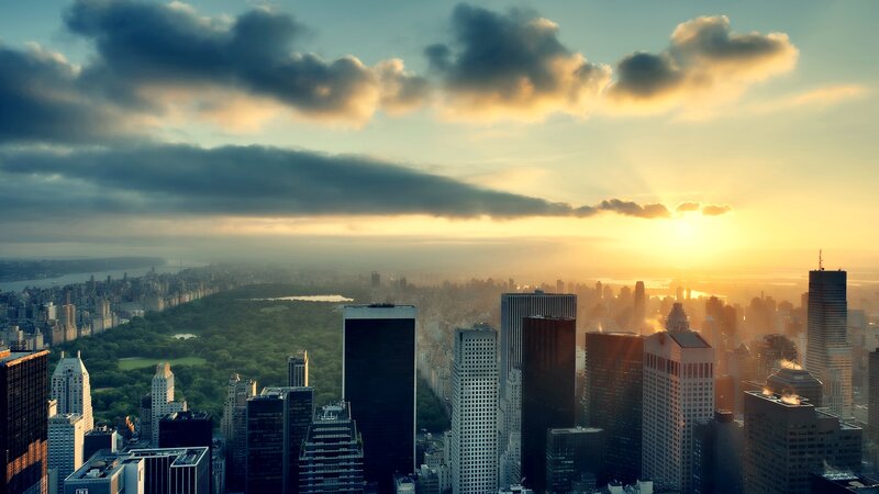 City Skyline at Sunset — Yellow, Dramatic, Photograph