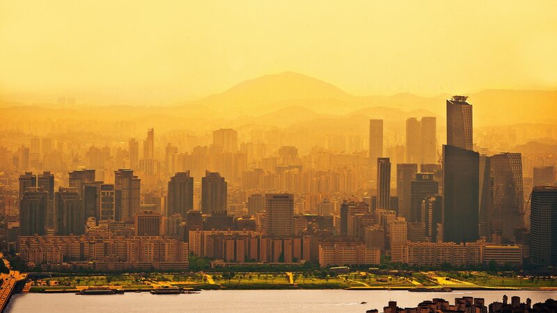 City Skyline at Sunset — Yellow, Hazy