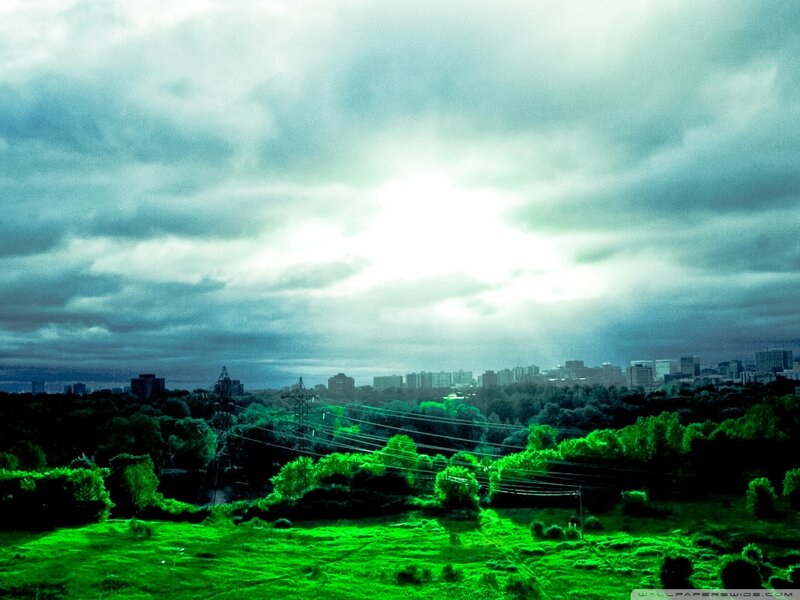 City Skyline Behind Trees — Green, Dramatic
