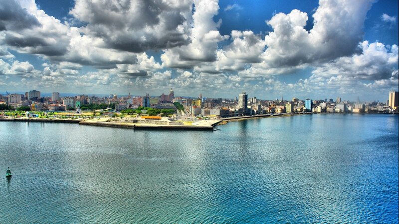 City Skyline by Water — Blue