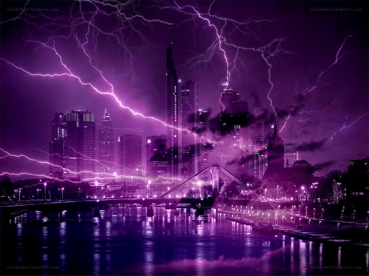City skyline during purple lightning storm