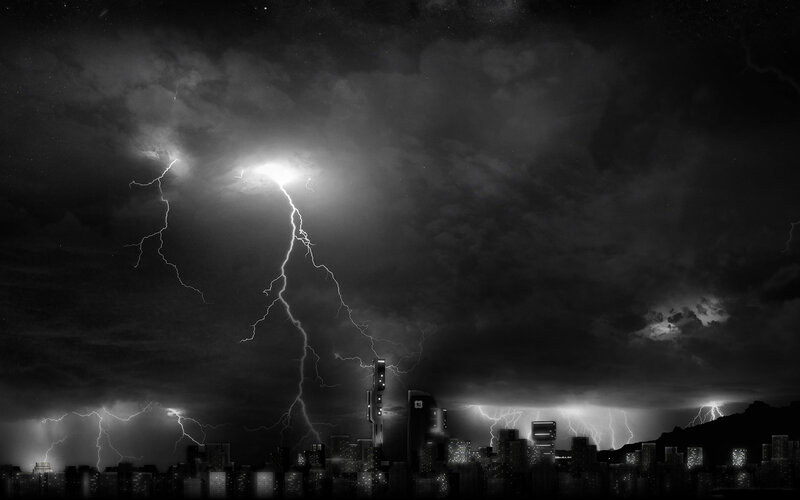 City Skyline During Storm — Black, Dramatic
