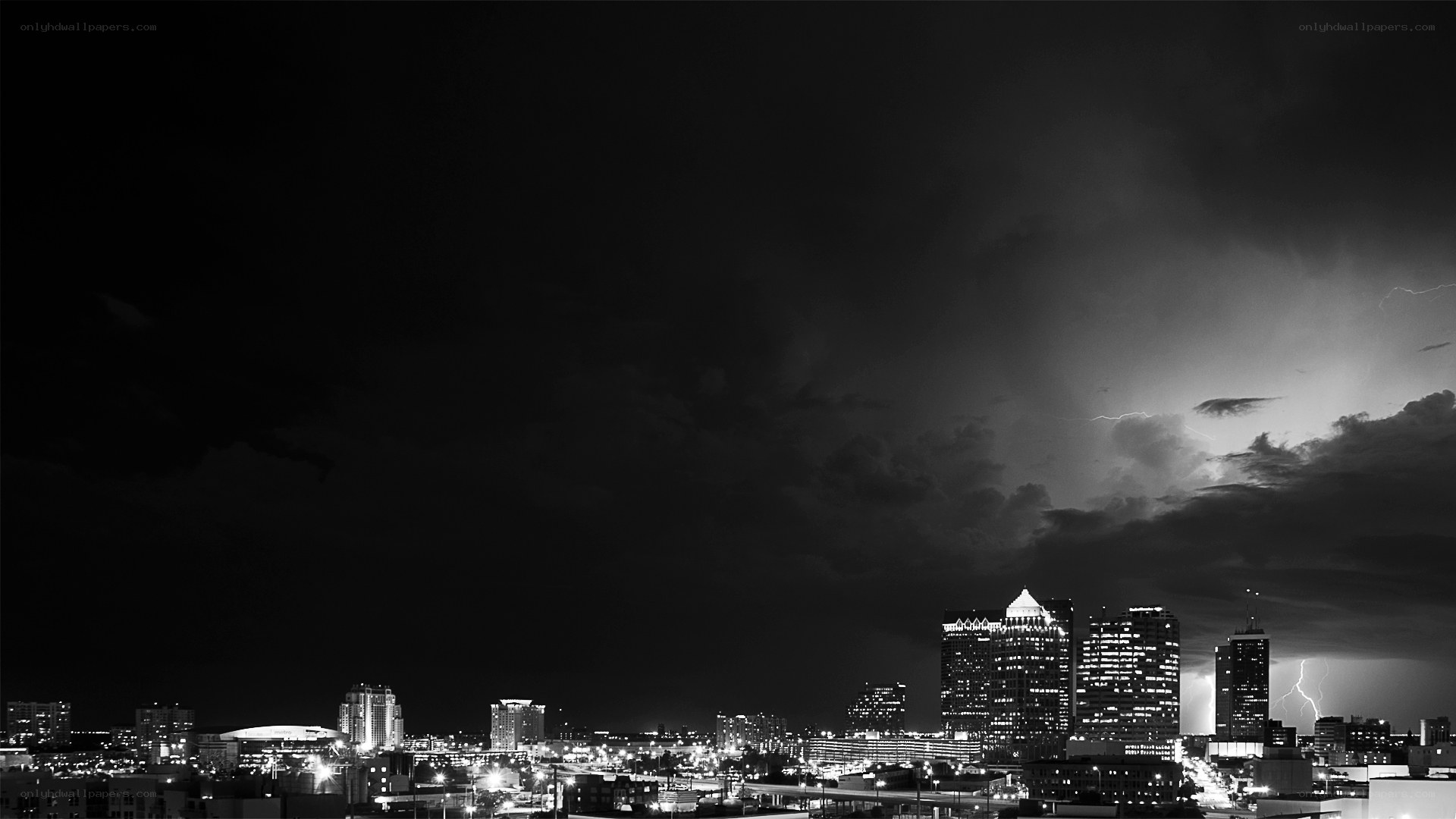 City skyline during thunderstorm