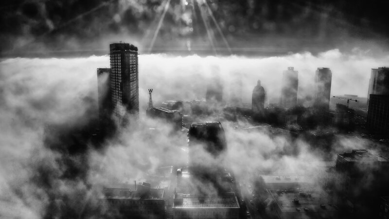 City Skyline in Fog — Black, Dramatic, Morning
