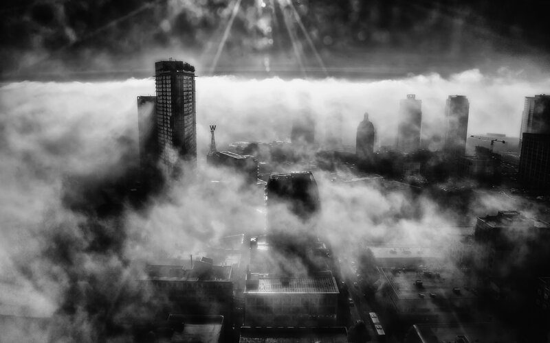 City Skyline in Fog — Black, Dramatic