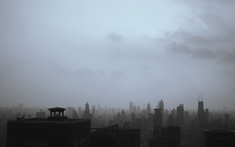 City Skyline in Fog — Gray, Overcast, Photograph