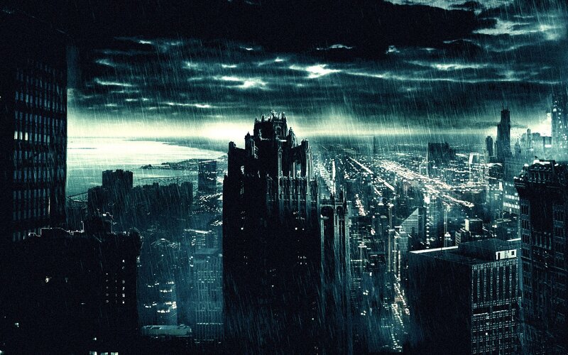 City Skyline in Rain — Blue, Dramatic