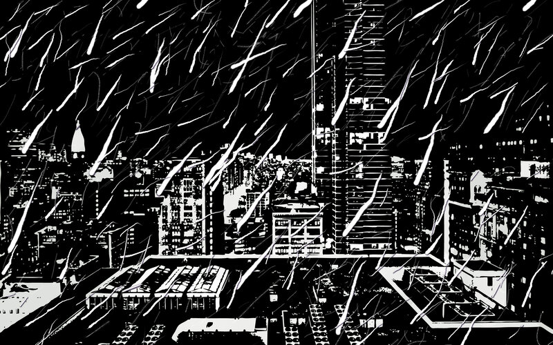 city skyline in rain